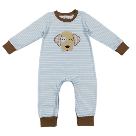 Striped Puppy Embroidered Romper
